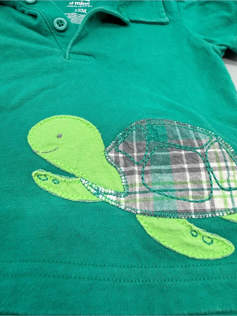 child of mine Green Polo with Turtle Applique and Plaid Shorts 12 Months